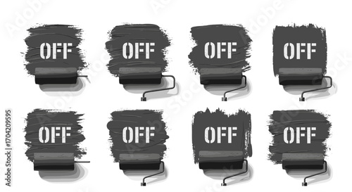Eight paint rollers with the word off painted in gray on a white canvas