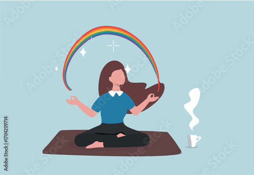 Mindfulness or meditation for mental wellness, spiritual or peaceful lifestyle, focus and concentration, yoga or mind balance concept, mindfulness woman lotus sitting with calm and positive mind. 