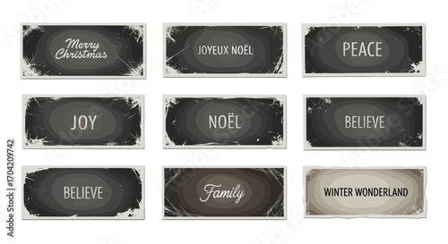 Collection of christmas and winter themed chalkboards with festive text