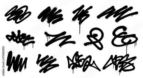 Collection of twelve abstract black graffiti style spray paint designs