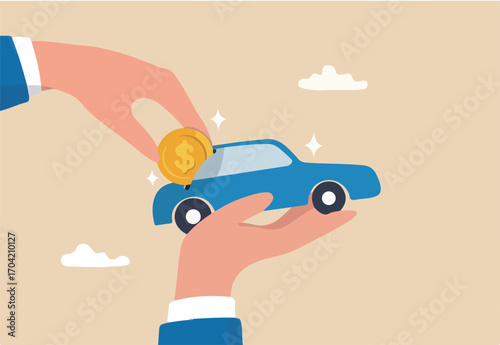 Car leasing or car loan, borrow money to buy new car, rental or auto maintenance cost, debt, purchase or buy new vehicle concept, businessman hand owner put dollar money coin into new car.