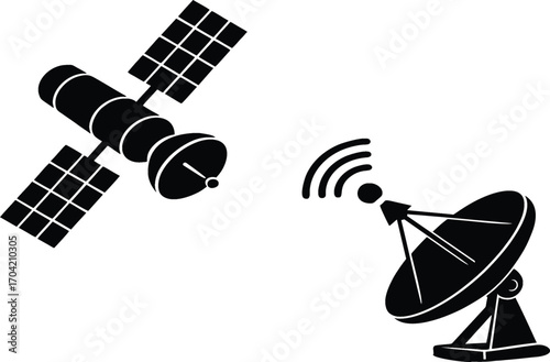 Modern remote control Satellite and dish. Satellite in space, spacecraft technology. Used for communication, navigation, weather forecasting and climate monitoring. EPS 10.