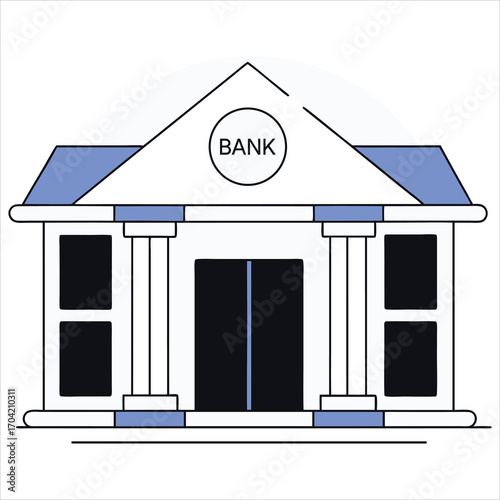 Illustration of a bank building with columns and a sign that says bank