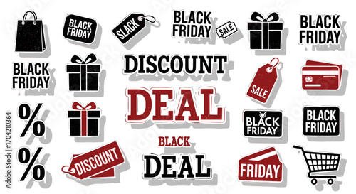 Illustration of black friday sale elements including discounts and deals
