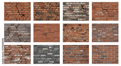 A collection of twelve brick wall textures with varying colors and damage