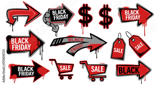 Illustration of black friday themed elements with arrows and price tags