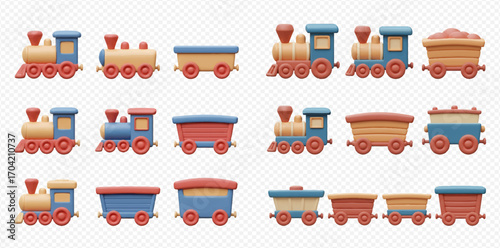 Collection of colorful cartoon toy trains and train cars in various styles, isolated on a transparent background.