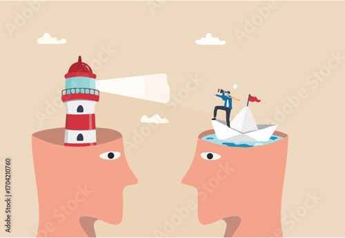 Mentor or coaching to advice or guidance to success, help or support for direction, consultant or suggestion for career opportunity concept, lighthouse with guidance light for businessman to success.