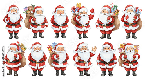 Collection of santa claus illustrations with gifts and christmas cheer