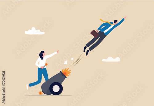 Coaching help boost career advancement, mentor or motivation to boost productivity, help or manager support for career development, entrepreneur launch, woman ignite cannon to launch businessman.