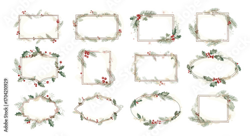 Collection of decorative frames with winter foliage and red berries art