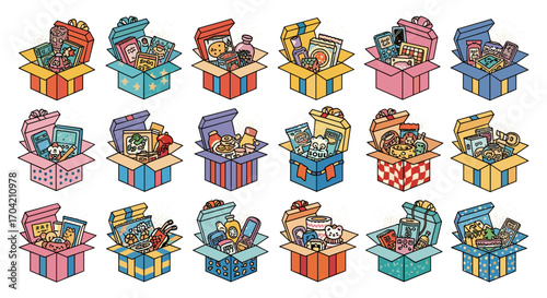 Isometric view of colorful gift boxes filled with assorted items present