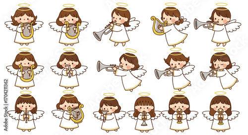 Collection of cartoon angels playing various musical instruments happily