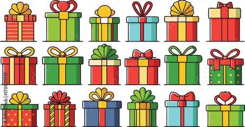 Set of christmas gift boxes with ribbons. Christmas gift boxes bundle vector illustration