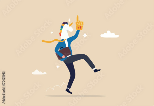 Success unicorn startup company, venture capital funding billion dollar support, growth or winning entrepreneur, challenge concept, happy winning businessman with unicorn mass and winning glove.