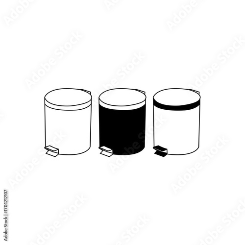 This image shows a simple, vector-based illustration of three round, pedestal trash cans in three different colors (white, black, and white).