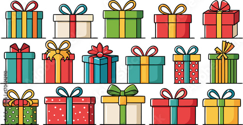 Set of christmas gift boxes with ribbons. Christmas gift boxes bundle vector illustration