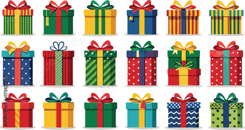 Set of christmas gift boxes with ribbons. Christmas gift boxes bundle vector illustration