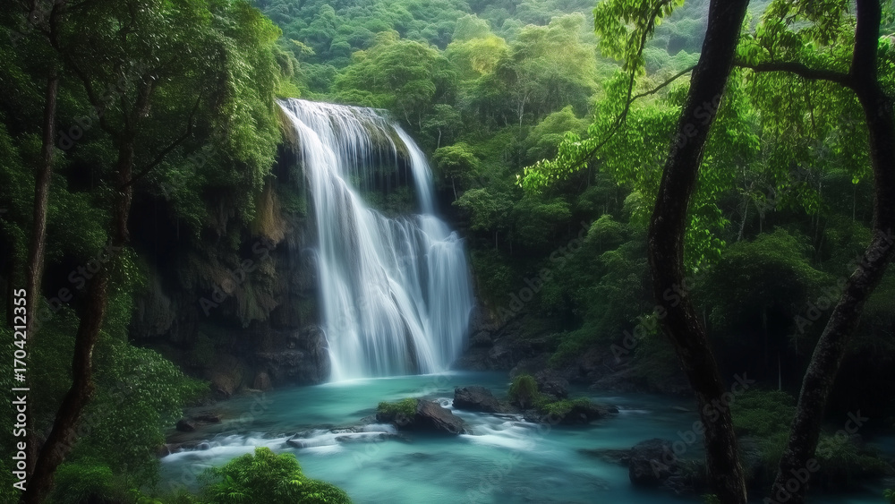 Obraz premium Fresh waterfall cascades over rocks in a lush forest, surrounded by green trees and blue water, perfect for nature and travel.