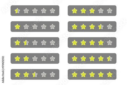 Set of 10 Fancy Yellow Gradient with White Border Rating Star icon for Game from 0,5 to 5 Stars isolated on Grey Label. High Quality Editable Icon Vector