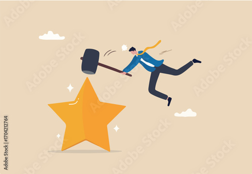 Downgrade credit rating, decrease reputation, trust or score drop, negative feedback, loss credit score or reduction concept, businessman hit star credit rating with big hammer. 