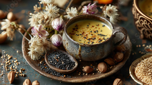 Fototapeta Naklejka Na Ścianę i Meble -  Golden Spice Drink in Rustic Cup