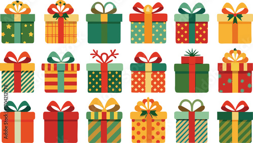 Set of christmas gift boxes with ribbons. Christmas gift boxes bundle vector illustration