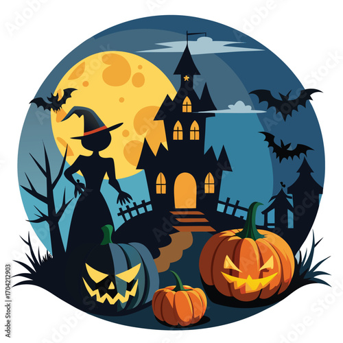Spooky halloween night scene with moon and haunted elements