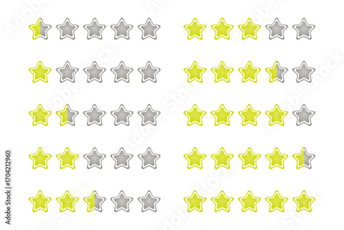 Set of 10 Fancy Yellow Gradient with White Border Rating Star icon for Game from 0,5 to 5 Stars. High Quality Editable Icon Vector