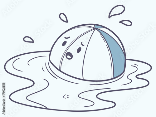 A character that looks like a volleyball or beach ball melting. It's white with a few light blue stripes and has a distressed facial expression. The character is melting into a puddle, with drops.