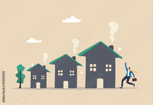 House price rising, value increase graph for real estate, housing or property investment, sales and market price, rent or mortgage interest cost concept, businessman owner with arrow rising houses