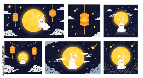 Cute rabbit under a full moon with lanterns and clouds