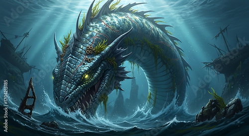 Sea serpent emerges from the deep ocean wreckage