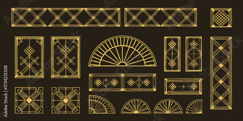 Collection of art deco geometric patterns and decorative elements in gold on a dark background