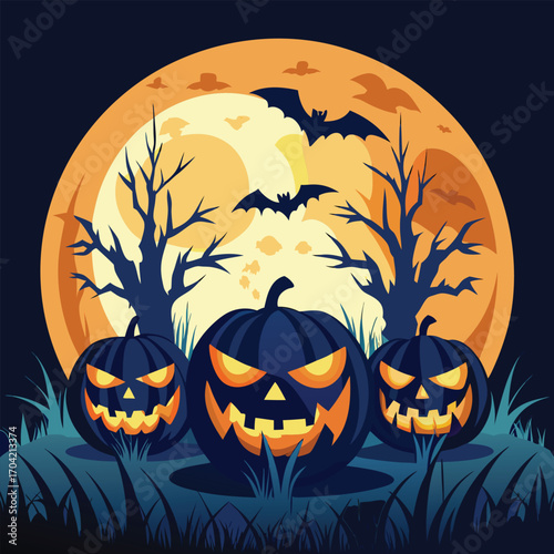 Three glowing jack o lanterns nestled in tall grass at night