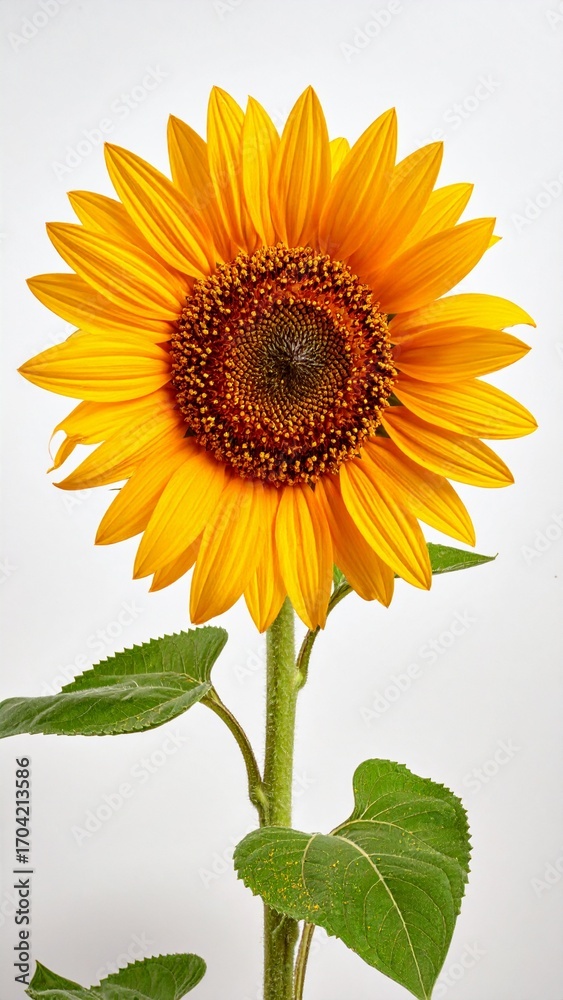 Fototapeta premium Bright yellow sunflower isolated on white background with detailed petals and natural center texture