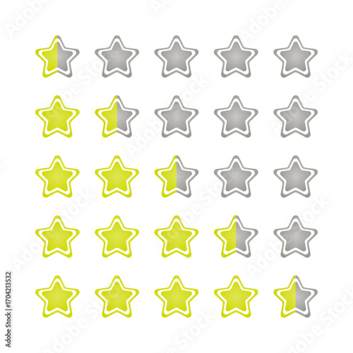 Set of Fancy Yellow Gradient with White Border Rating Star icon from 0.5 to 4.5 Stars. High Quality Editable Icon Vector