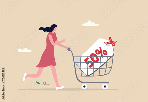 Sales discount online shopping, promotion or bargain retail purchase, e-commerce marketing or sales price tag concept, young woman with shopping cart trolley 50 percent discount price tag.