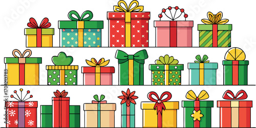 Set of christmas gift boxes with ribbons. Christmas gift boxes bundle vector illustration