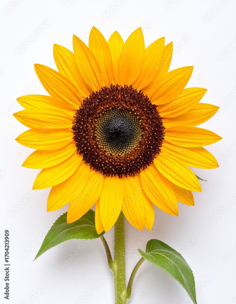 Obraz premium Bright Yellow Sunflower with Large Bloom and Natural Petals Isolated on White Background for Botanical Object, Floral Decoration and Summer Nature Concept