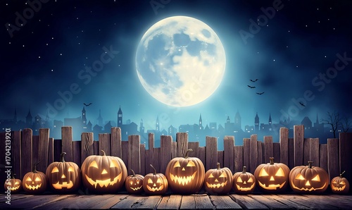 Enchanting Halloween Scene: Illuminated Pumpkins Against a Rustic Fence and Full Moon