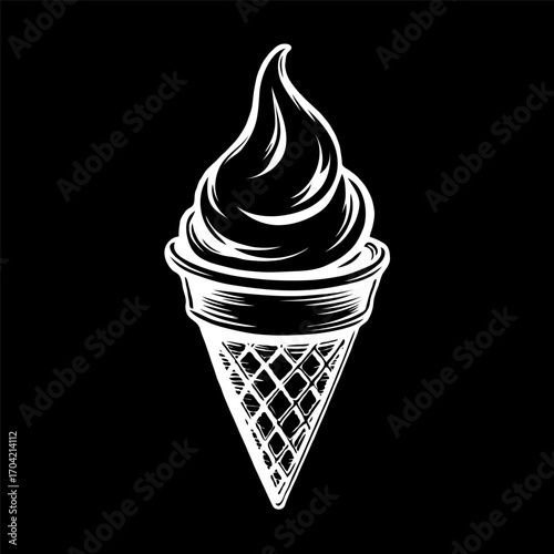 Ice cream cone with swirl top and waffle cone drawn in hand-drawn sketch style on black background, concept of dessert and summer treat