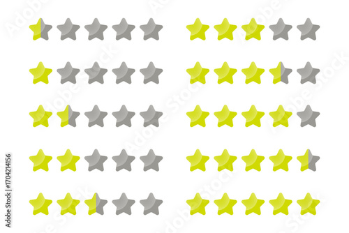 Set of Gradient Yellow Rating Star icon for Game from 0,5 to 5 Stars. High Quality Editable Icon Vector