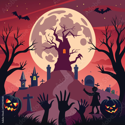 Spooky full moon night with crimson glow and eerie atmosphere