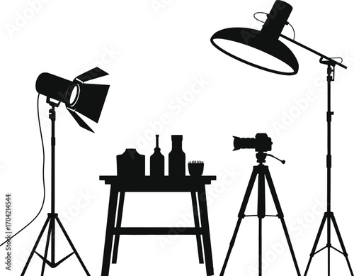 Silhouette of Photography Studio Setup with Camera Lights and Table – Professional Photo Shoot Vector