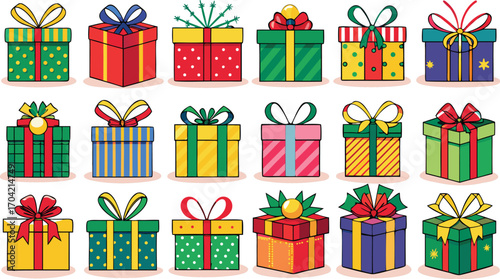 Set of christmas gift boxes with ribbons. Christmas gift boxes bundle vector illustration