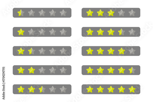 Set of Gradient Yellow Rating Star icon for Game from 0,5 to 5 Stars isolated on Gray Label Background. High Quality Editable Icon Vector