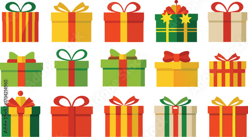 Colorful gift boxes set for christmas. Vector illustration present boxes on transparent background. Flat design style.
