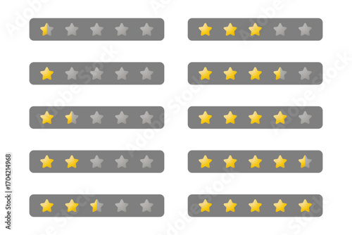 Set of Gradient Yellow Rating Star icon for Game from 0,5 to 5 Stars isolated on Gray Label Frame. High Quality Editable Icon Vector