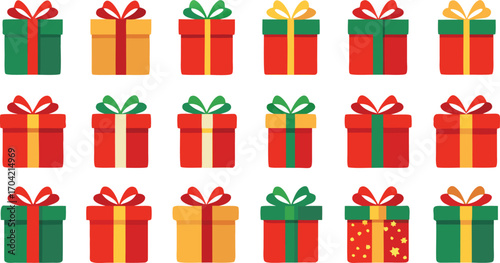 Colorful gift boxes set for christmas. Vector illustration present boxes on transparent background. Flat design style.